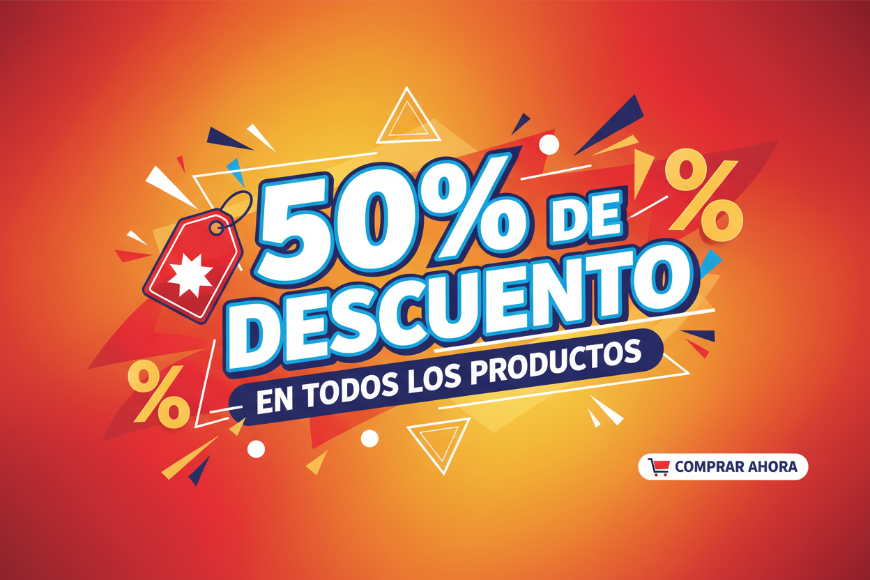 crie uma imagem em espanhol dizendo que todos os produtos estão com 50% de desconto por favor